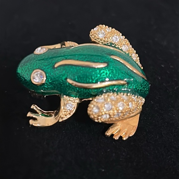 Roman Green Enamel Rhinestone Frog Brooch Pin, Signed - Picture 6 of 13